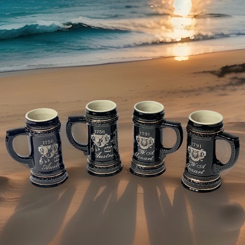 Set of 4 Miniature Beer Steins Wolfgang Amadeus Mozart Austria Souvenir Mugs